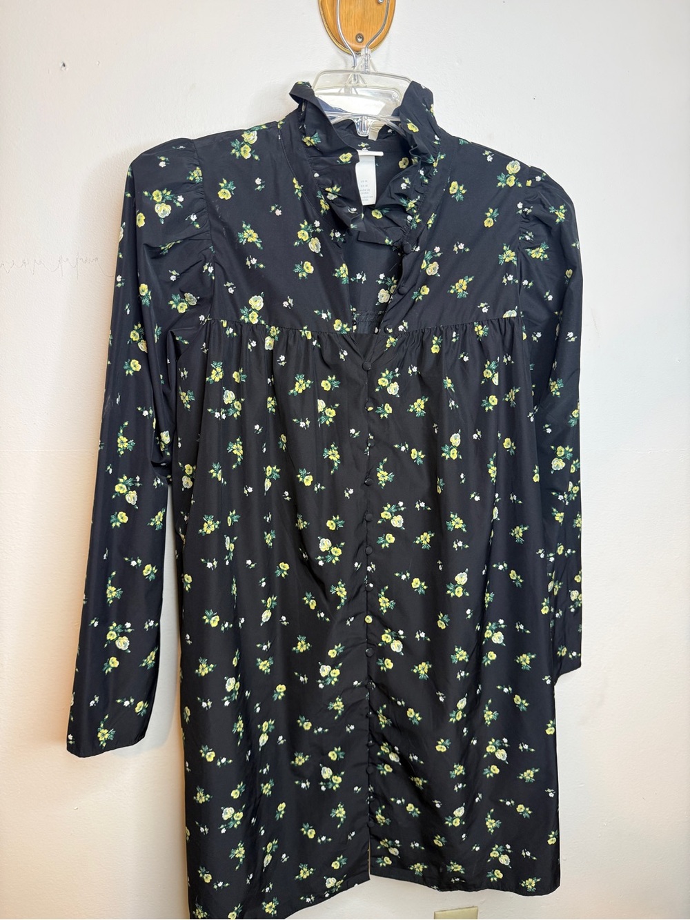 H&M Black Long Sleeve Floral Ruffle Neck Dress